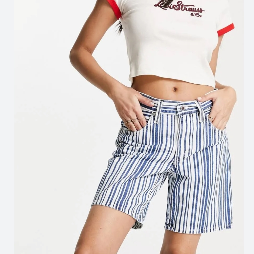 Levi's Silver Tab Baggy Women's Mid Rise Shorts Blue White Stripes W23 NWT